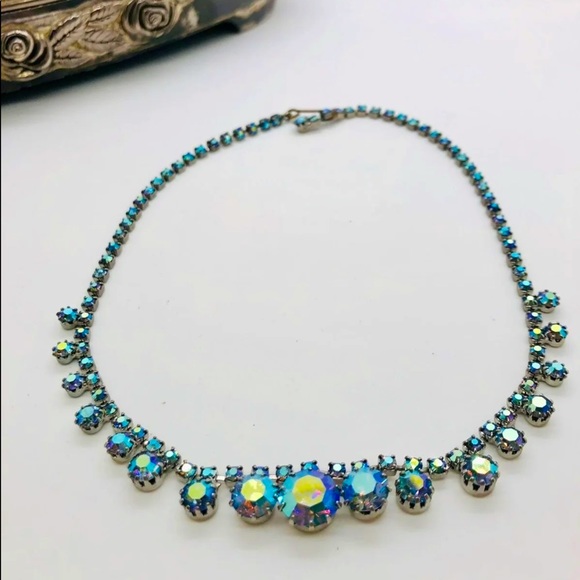 Vintage Blue Borealis Crystal Rhinestone Dainty Necklace 💎 - Picture 12 of 12